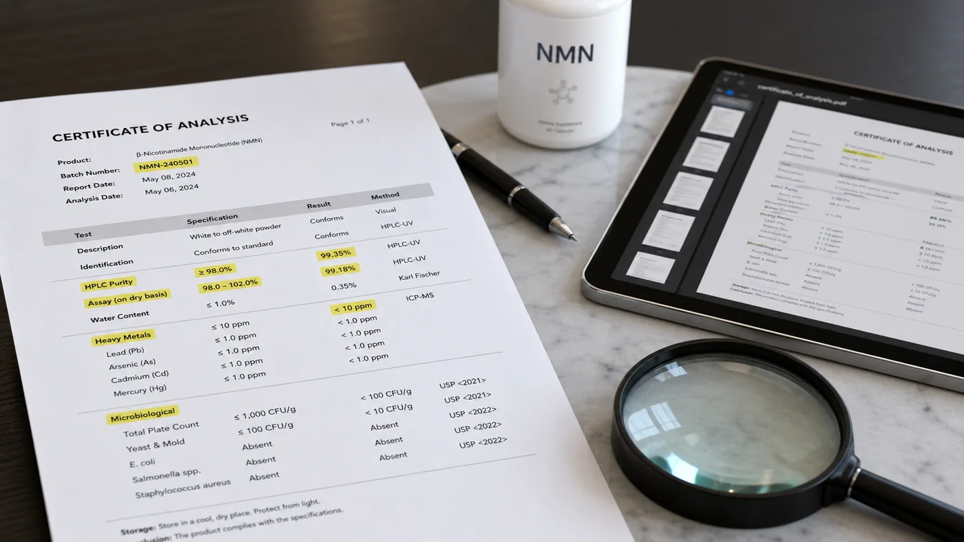 NMN Certificate of Analysis document with highlighted HPLC purity, batch number, heavy metals and microbiology checks