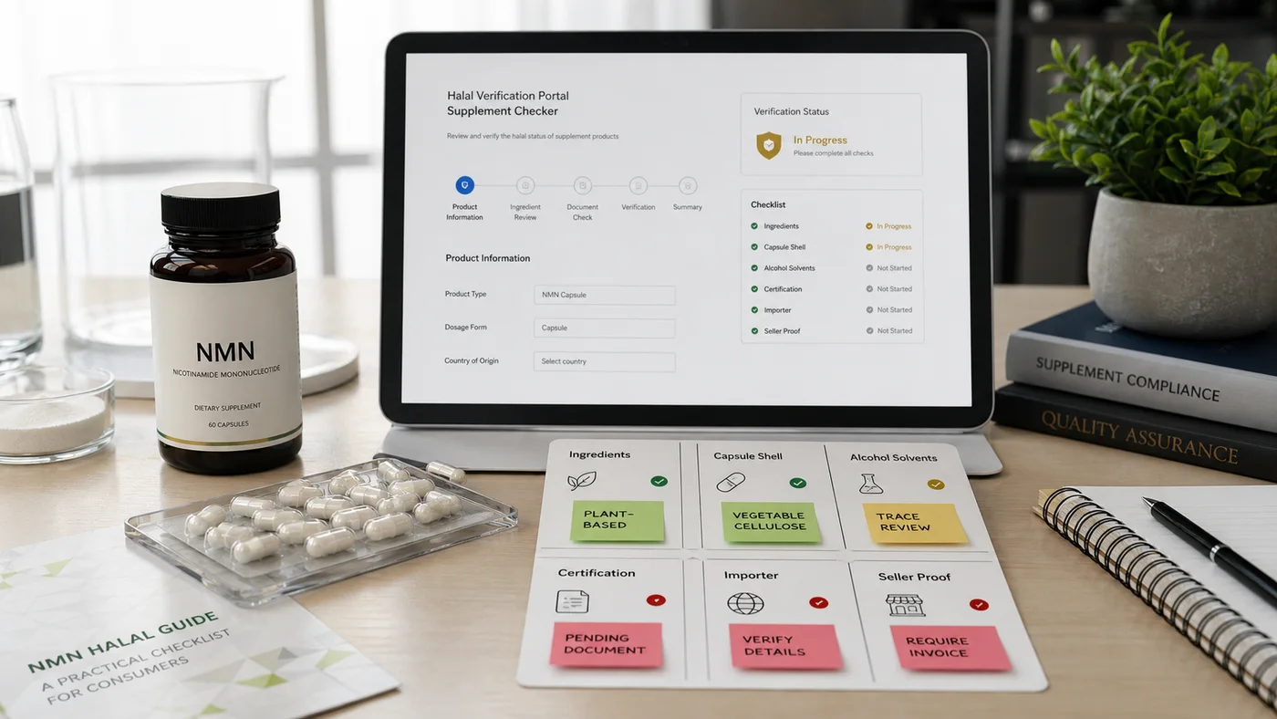 NMN bottle, capsule tray, halal verification checklist and supplement compliance screen