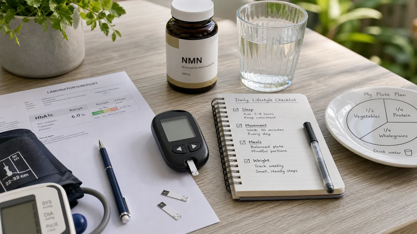 Prediabetes monitoring desk with glucometer, HbA1c lab report, lifestyle checklist and NMN bottle